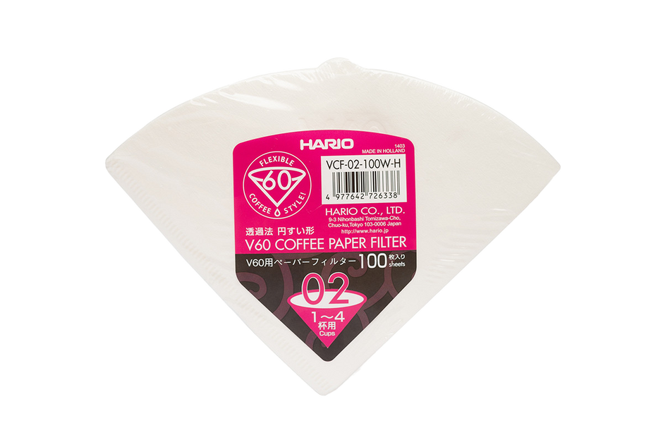 A pack of 100 bleached white paper filters, to fit the 2-cup sized Hario V60 dripper.